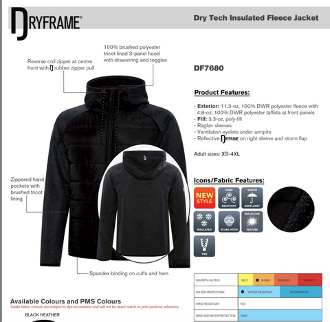 Adult/Women's Dry Frame - Dry Tech Insulated Fleece Jacket - (Black DF7680)